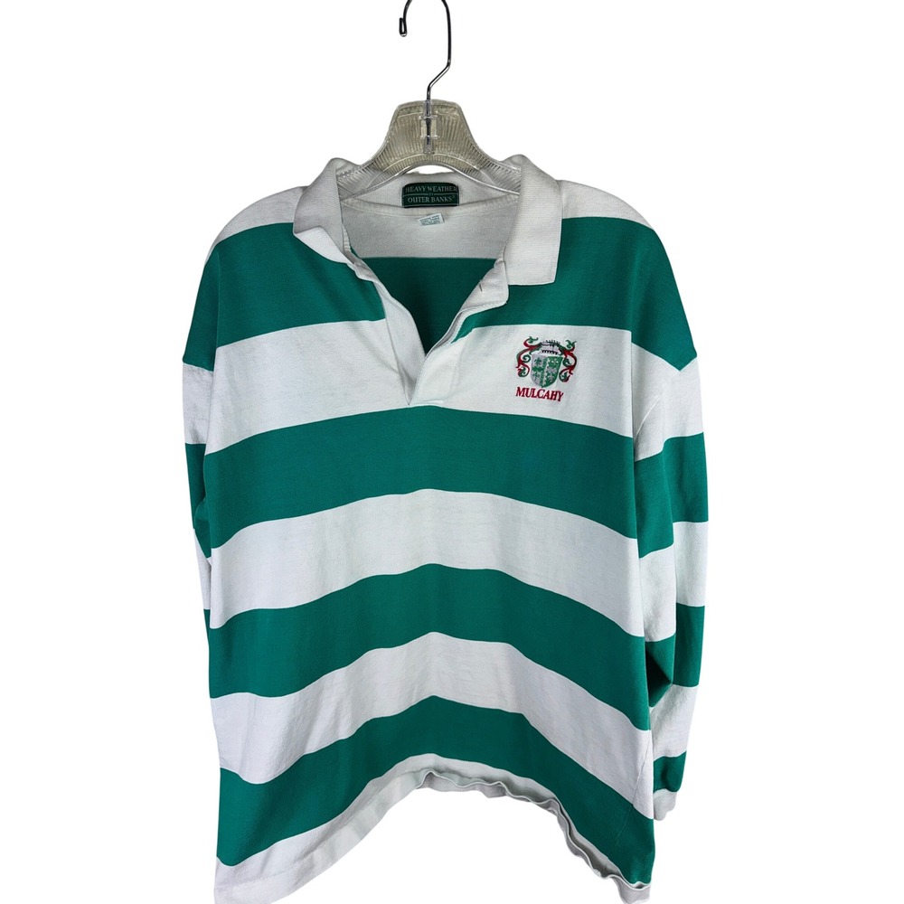Vintage Outer Banks Heavy Weather Rugby Shirt XXL Green White Stripe Mulcahy USA